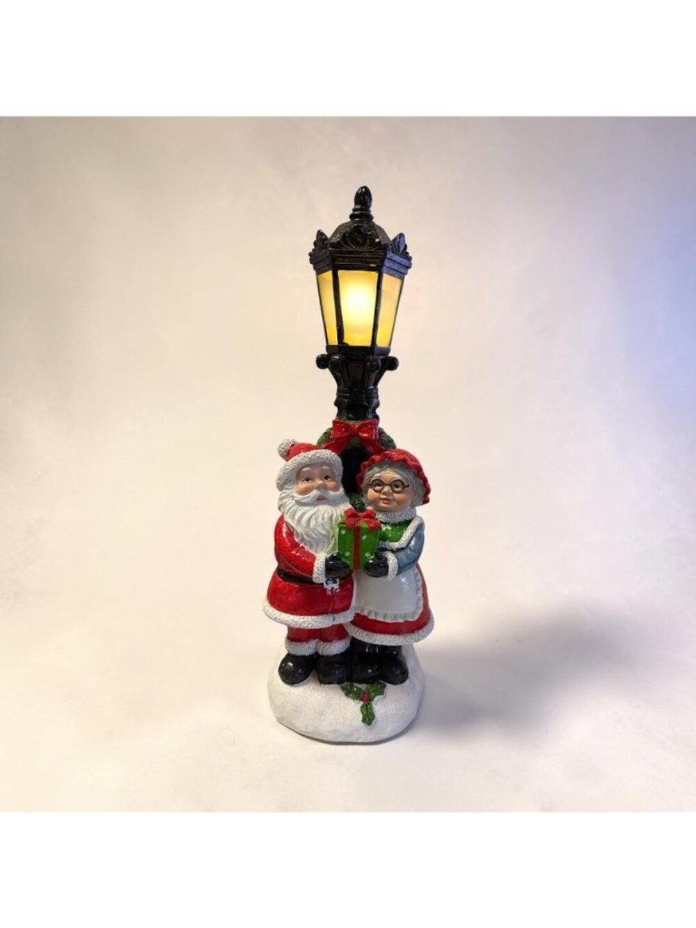 Santa & Mrs. Claus Decorative LED Lamp Post Figurine With Gift & Snow Base